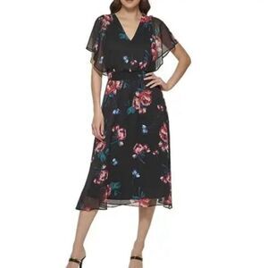 NWT DKNY Black Floral V-Neck Flutter Sleeve Romantic Summer Midi Dress Sz 14